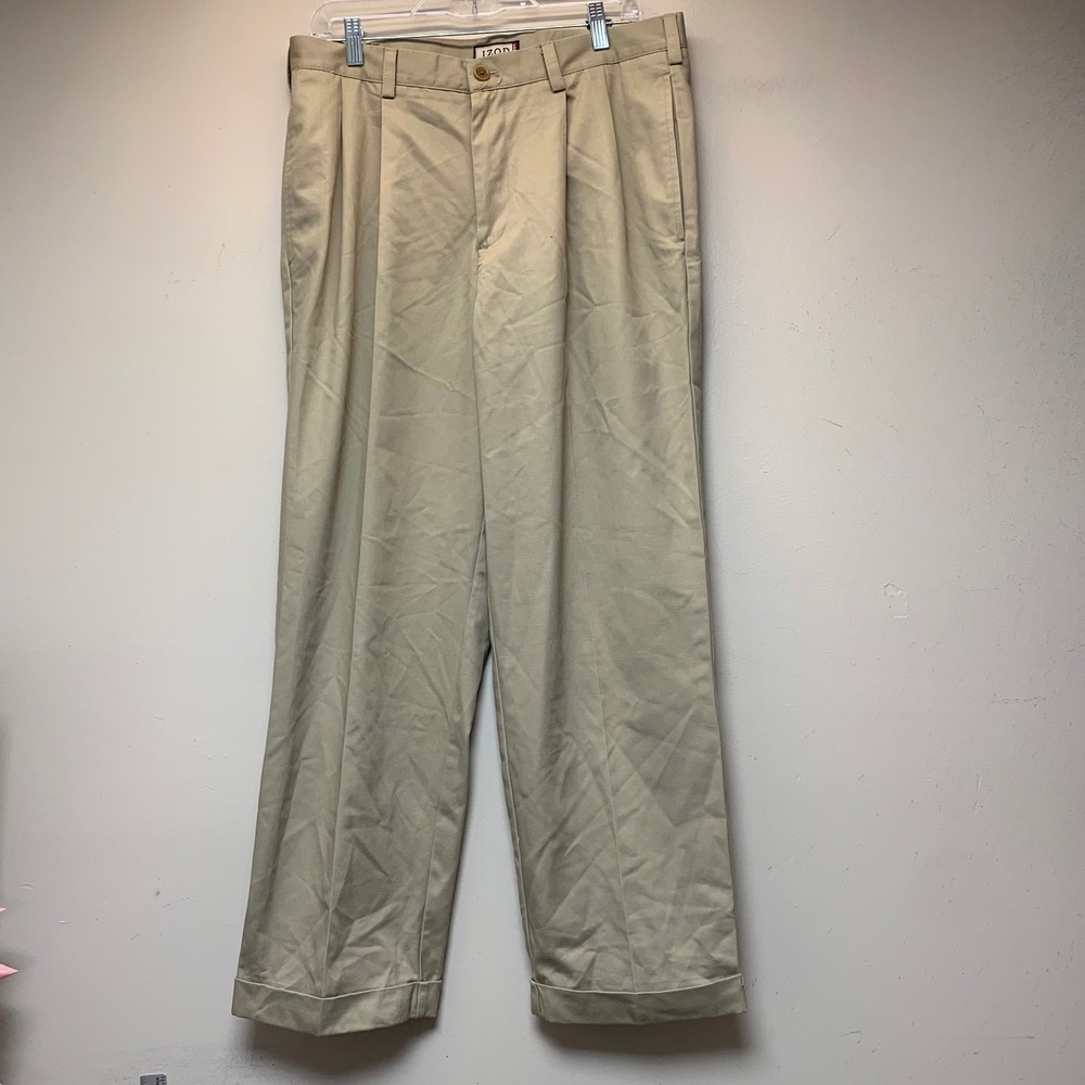 IZOD Chino Pants Mens 34x30 Khaki Tan Good Pleated Cuffed Cotton Slacks